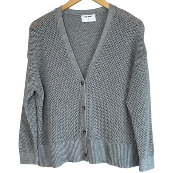 Old Navy Mesh Knit Cardigan Sweater Light Grey Cotton V-Neck Long Sleeve L - Picture 2 of 11